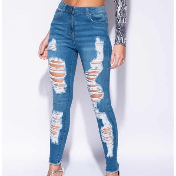 Denim - Distressed Frayed Hem High Waist Jeans